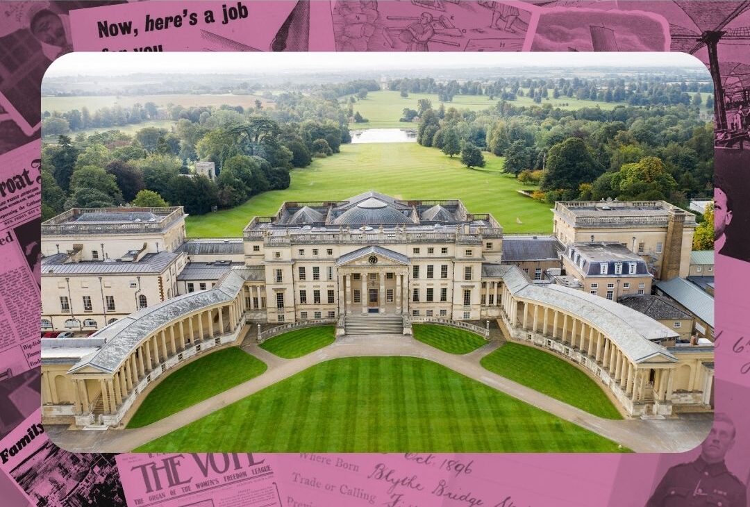 An elevated view using a drone looking towards Stowe House, a main long rectangular building with golden pillars with two extending curved wings and behind the house an expanding lawn flanked by trees leading down to a lake a more land in the distant to a focus point of a large stone arch