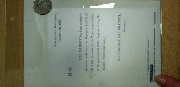 Title of ROYAL to the Buckingham Regiment after Queen Victoria’s visit 1845